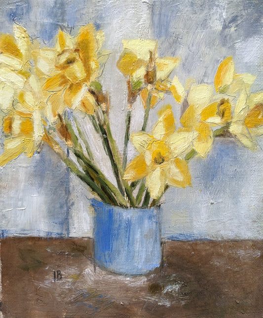 Daffodils in Blue Ceramic Pot